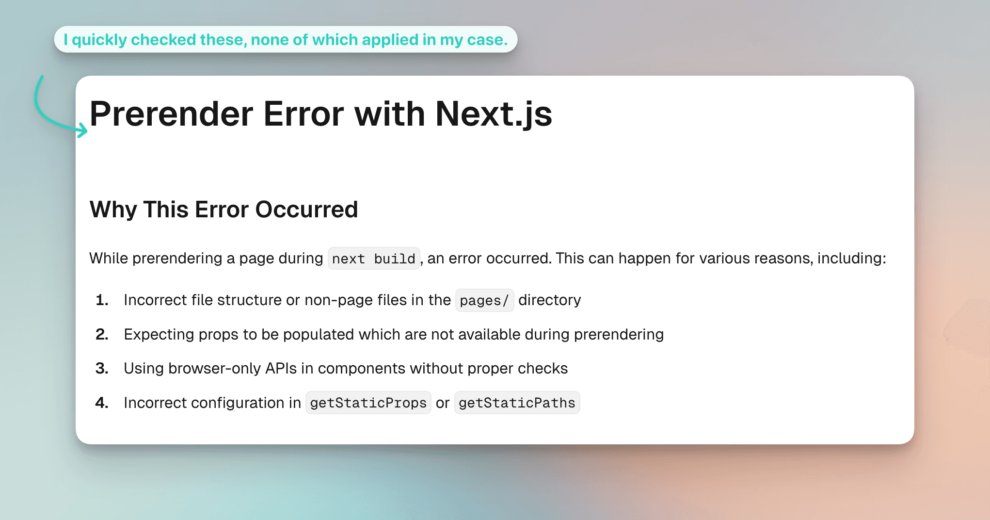 Next.js build error in terminal showing the 404 prerendering failure