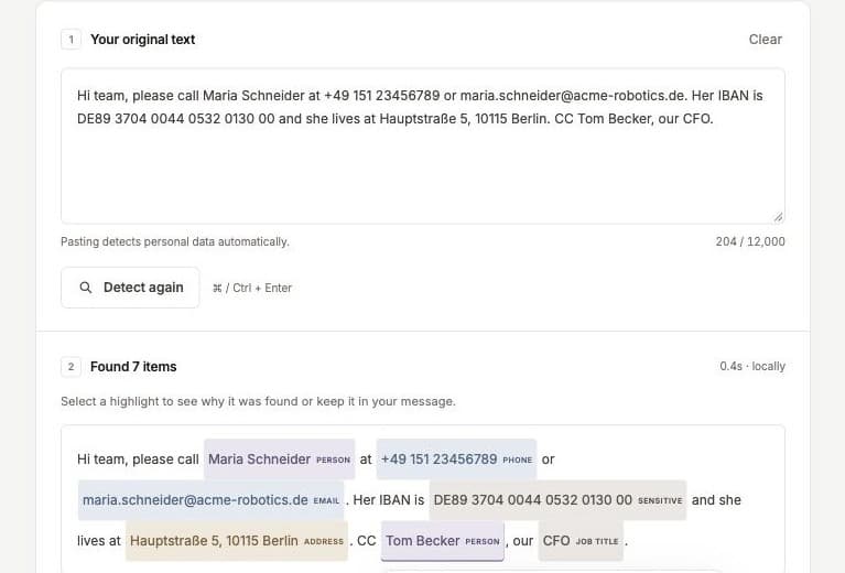 Procurato Privacy Redactor detects names, phone numbers, emails, IBANs and addresses locally in text